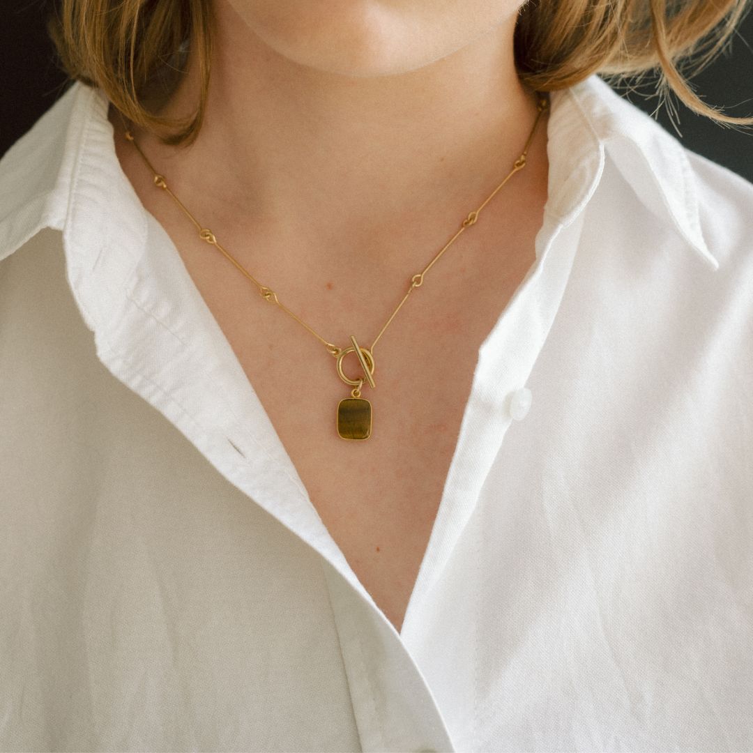 Tiger Eye Gem Slice Bone Chain Necklace | Courage (Gold)