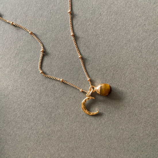 Tiger Eye Tumbled & Moon Necklace | Courage (Gold Plated)