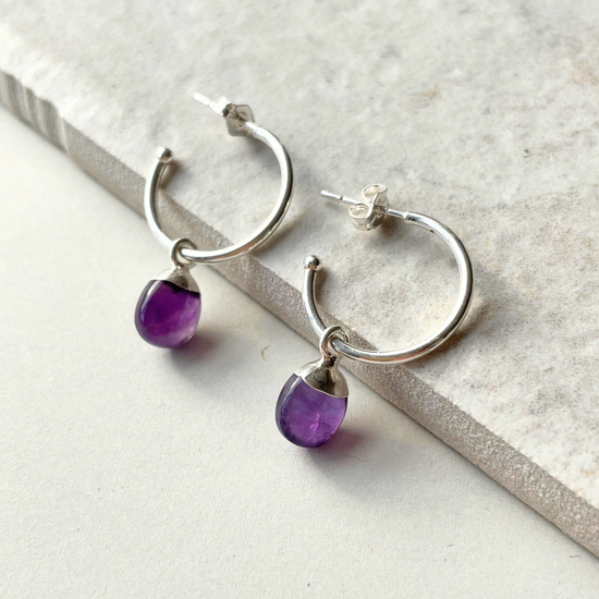 Amethyst Tiny Tumbled Hoop Earrings | Calming (Silver)