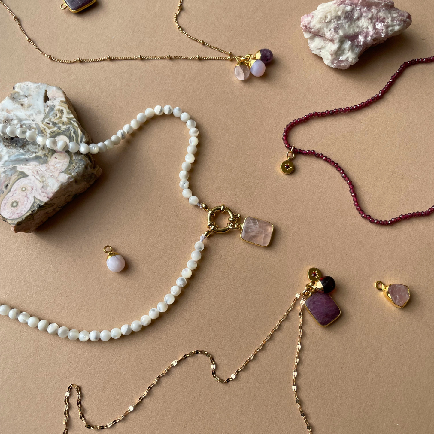 Mother of Pearl Strand Necklace with Rose Quartz Gem Slice | Love & Calming (Gold)