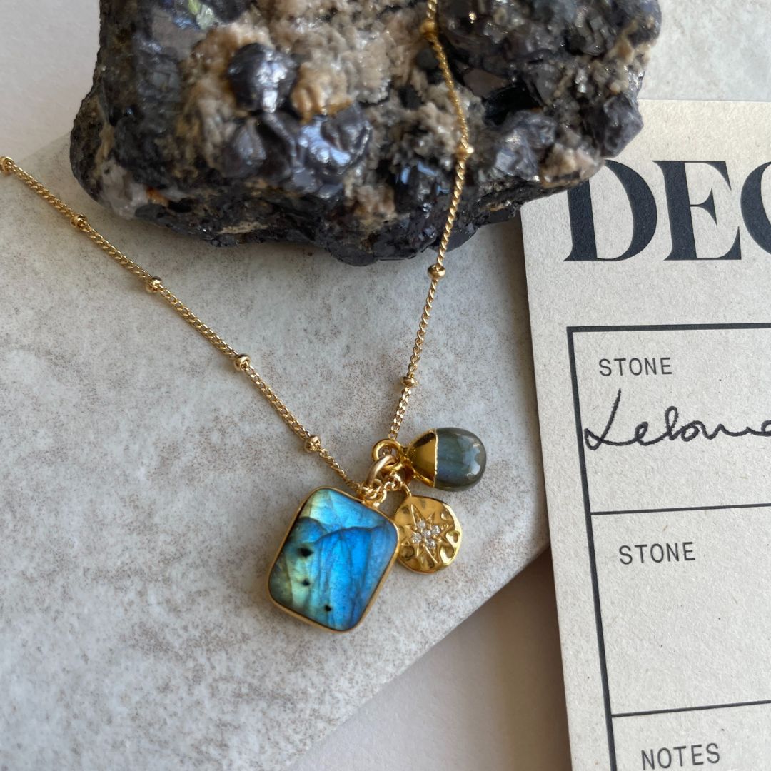 Labradorite Gem Slice Triple Charm Necklace (Gold Plated)