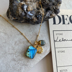 Labradorite Gem Slice Triple Charm Necklace (Gold Plated)