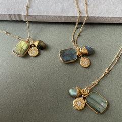 Labradorite Gem Slice Triple Charm Necklace (Gold Plated)