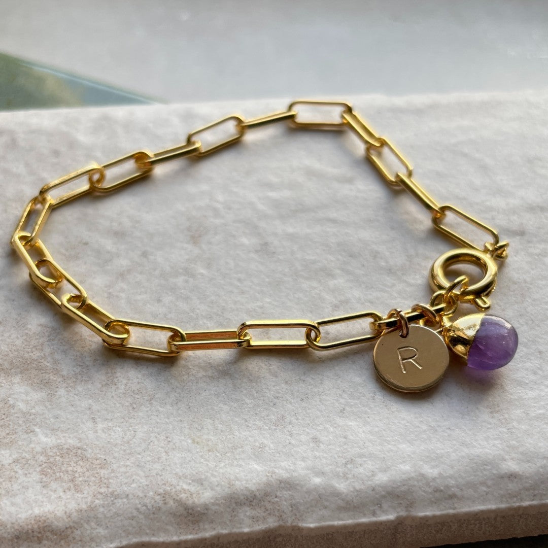 February Birthstone | Amethyst Tiny Tumbled Chunky Chain Bracelet (Gold Plated)