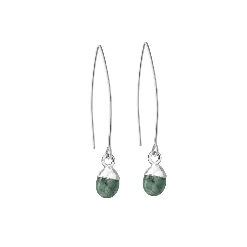Tiny Tumbled Gemstone Dropper Earrings - Silver - Emerald - Decadorn