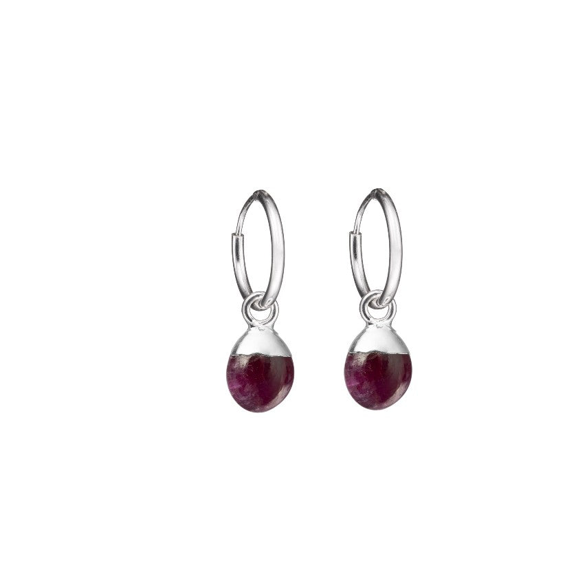 Tiny Tumbled Gemstone Hoop Earrings - Silver - JULY, Ruby - Decadorn