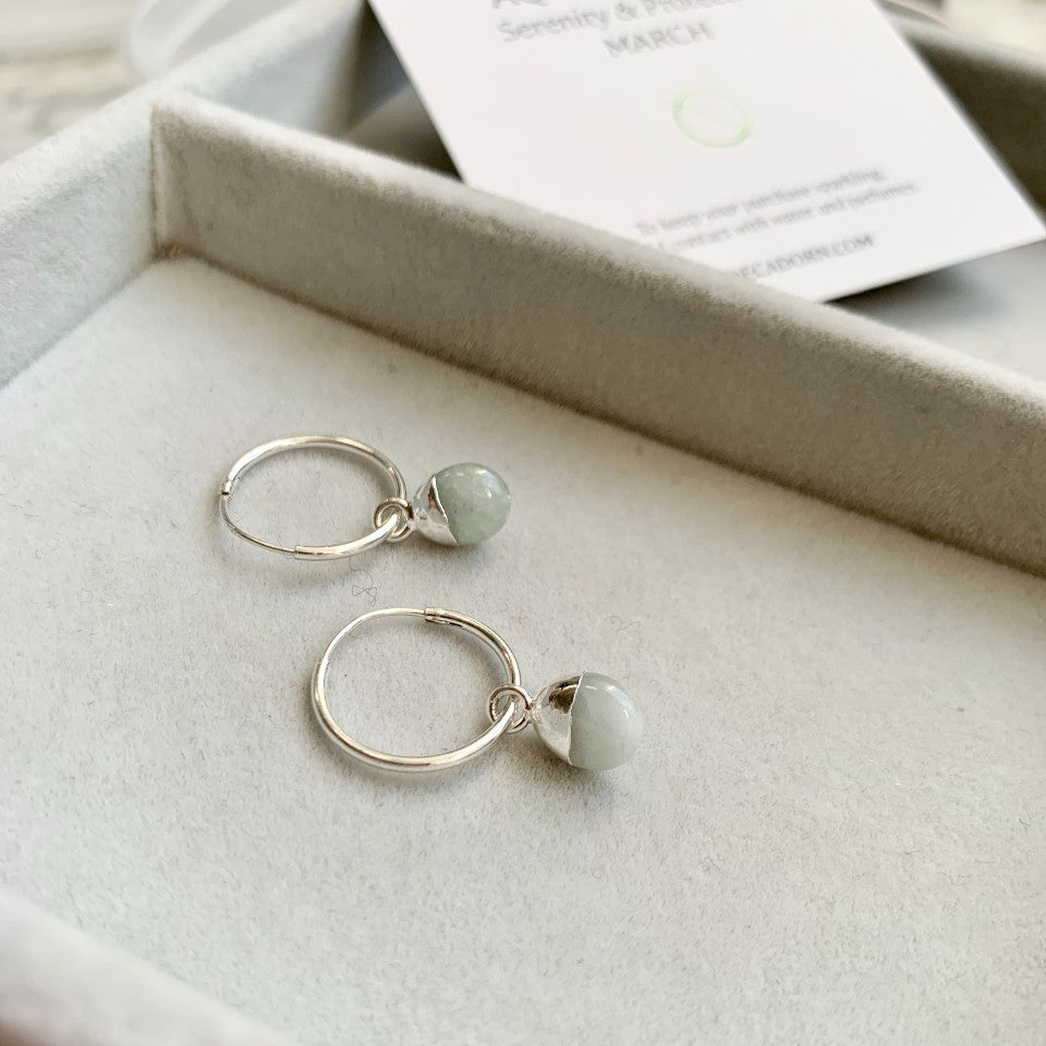 Tiny Tumbled Gemstone Hoop Earrings - Silver-  Aquamarine - Decadorn