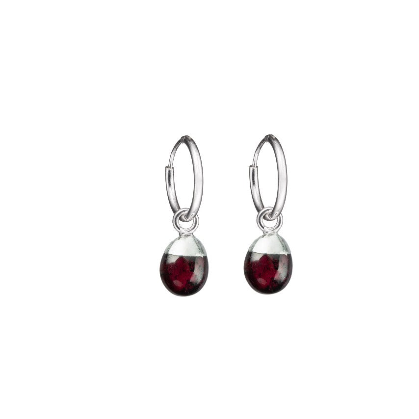 Tiny Tumbled Gemstone Hoop Earrings - Silver - JANUARY, Garnet - Decadorn