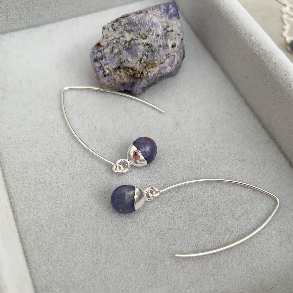Tiny Tumbled Gemstone Dropper Earrings - Silver - Tanzanite - Decadorn