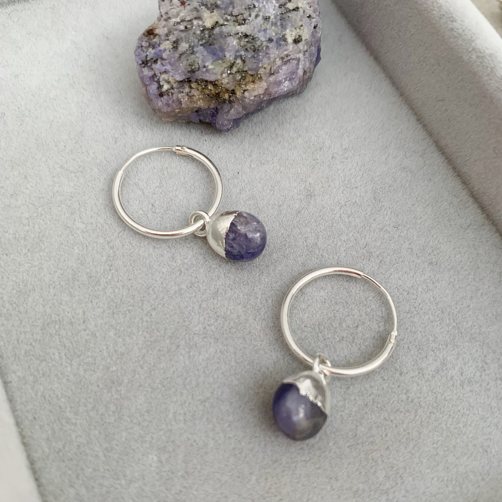 Tiny Tumbled Gemstone Hoop Earrings - Silver - DECEMBER, Tanzanite - Decadorn