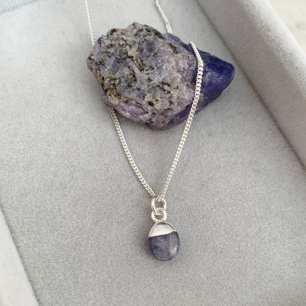 Tiny Tumbled Gemstone Necklace - Silver - DECEMBER, Tanzanite - Decadorn