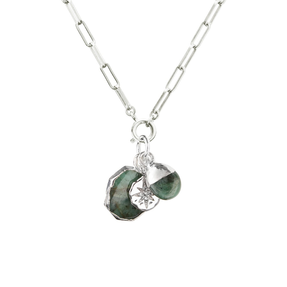 May Birthstone | Emerald Gem Slice Triple Chunky Chain Necklace (Silver)