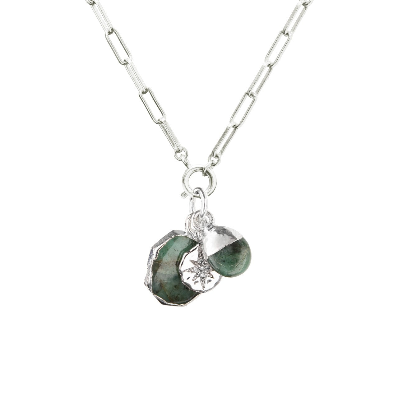 Emerald Gem Slice Triple Chunky Chain Necklace | Hope (Silver)