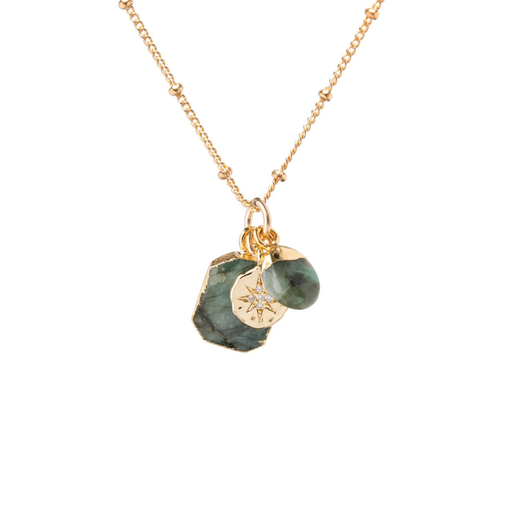 May Birthstone | Emerald Gem Slice Triple Necklace (Gold)
