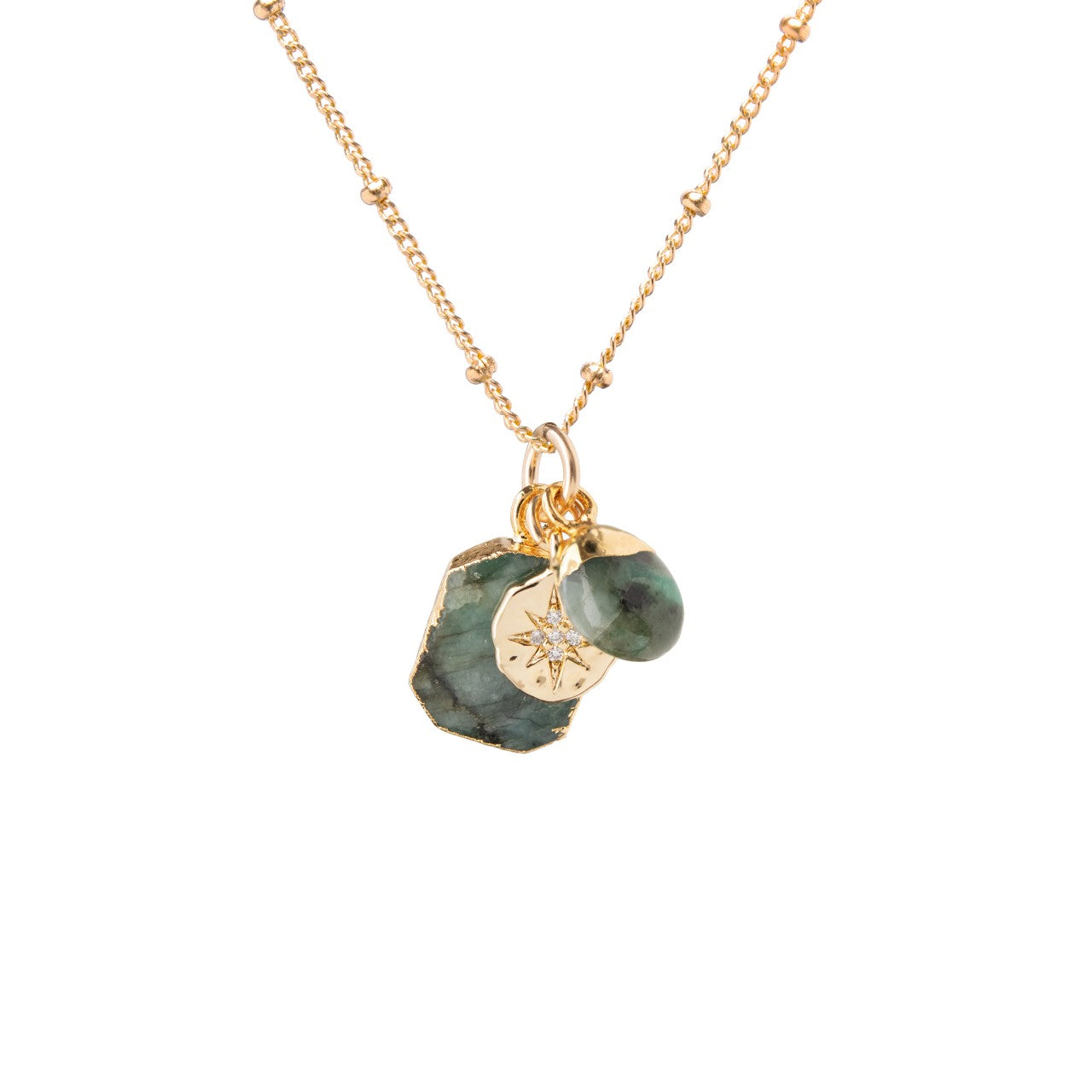 May Birthstone | Emerald Gem Slice Triple Necklace (Gold Plated)