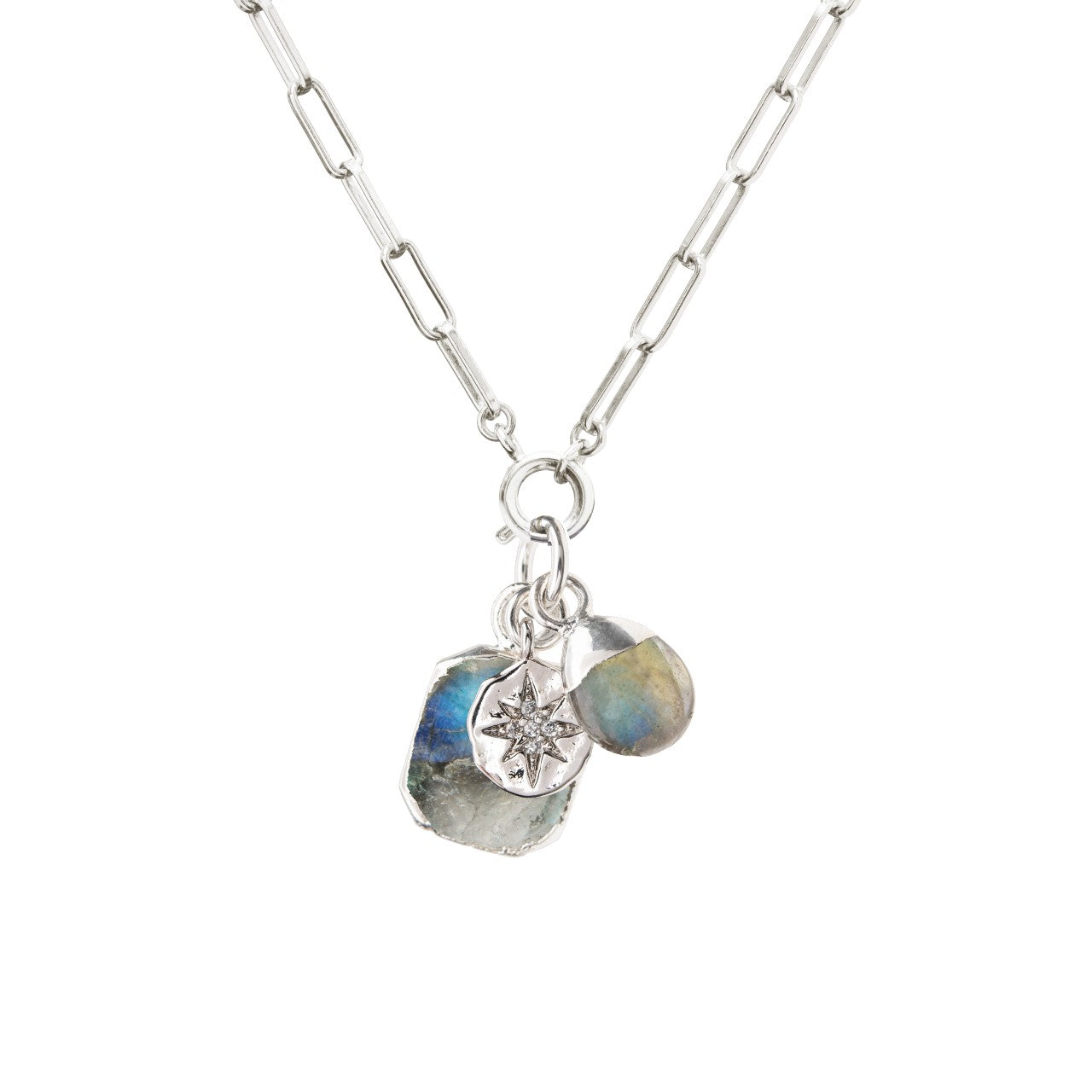Labradorite Gem Slice Triple Chunky Chain Necklace | Adventure (Gold Plated or Silver)