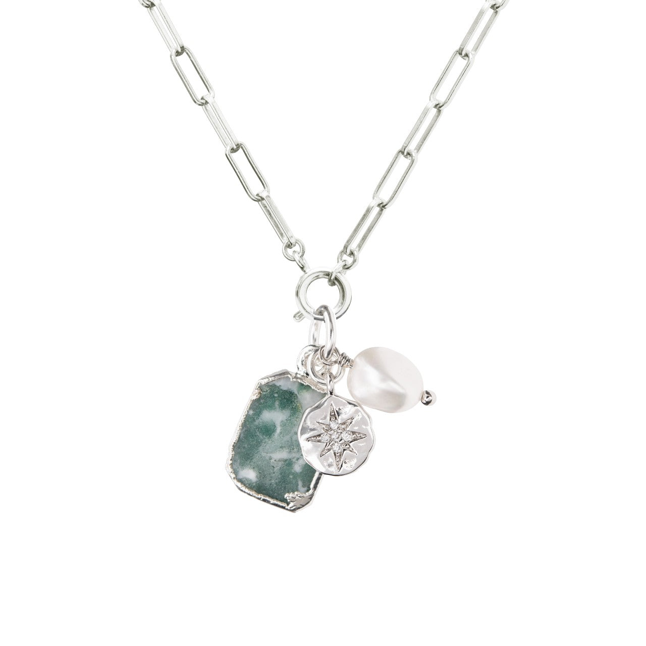 Moss Agate Gem Slice Triple Chunky Chain Necklace | New Beginnings (Silver)