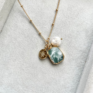 Moss Agate Gem Slice Triple Necklace | New Beginnings (Gold Plated)