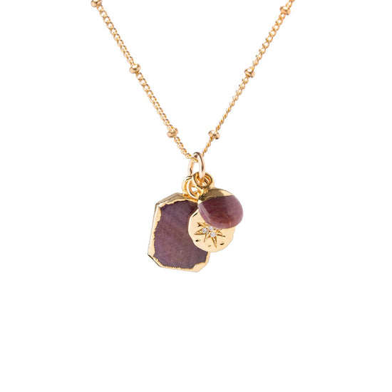 July Birthstone | Ruby Gem Slice Triple Necklace (Gold)