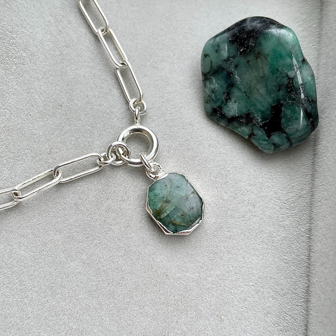 May Birthstone | Emerald Gem Slice Chunky Chain Necklace (Silver)