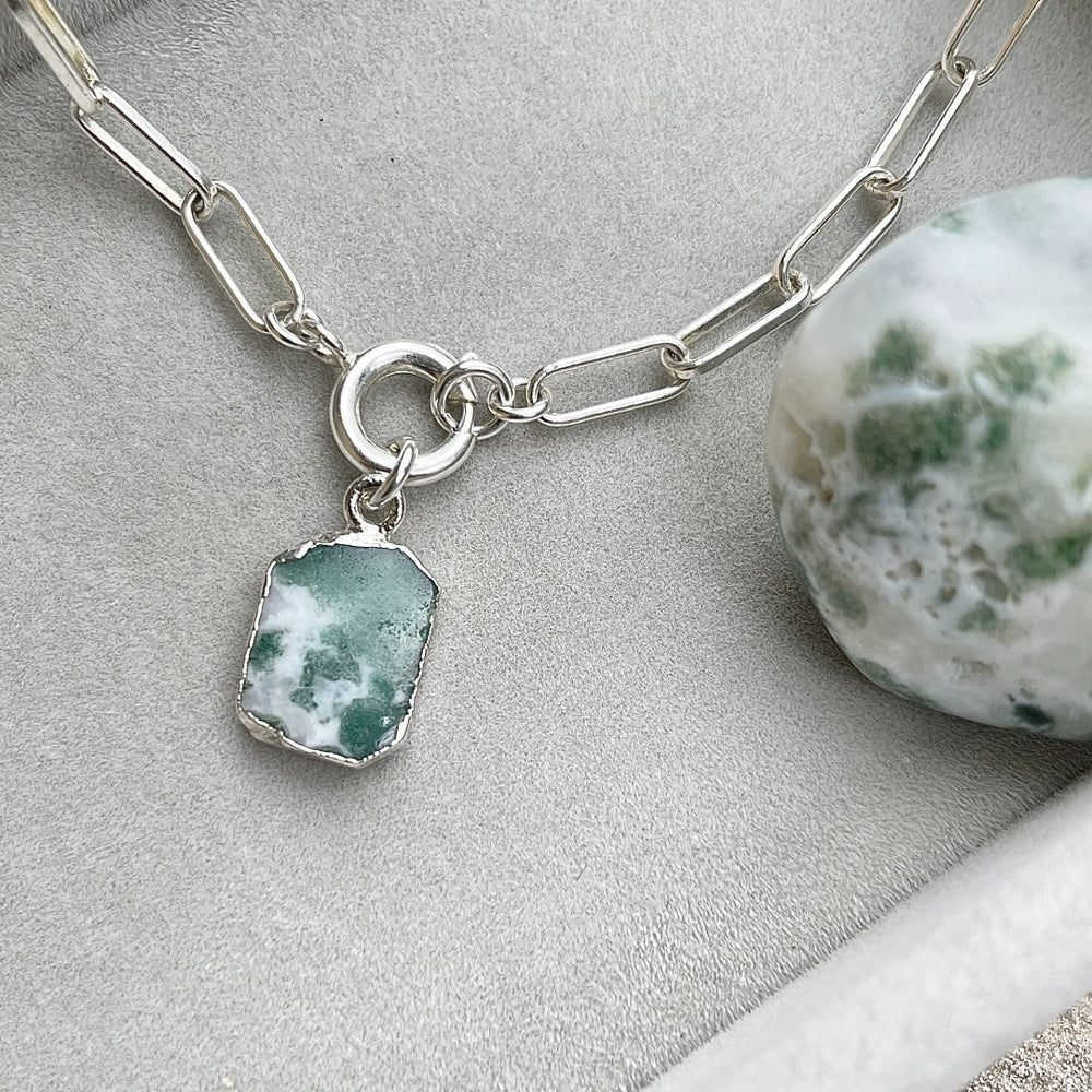 Moss Agate Gem Slice Chunky Chain Necklace | New Beginnings (Silver)