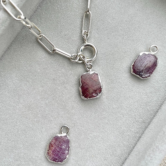 July Birthstone | Ruby Gem Slice Chunky Chain Necklace (Silver)