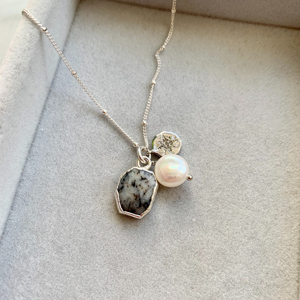 Dendritic Agate Gem Slice Triple Necklace | Hope (Silver)