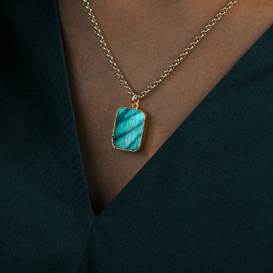 Labradorite Large Gem Slice Belcher Chain Necklace | Adventure (Gold Plated)