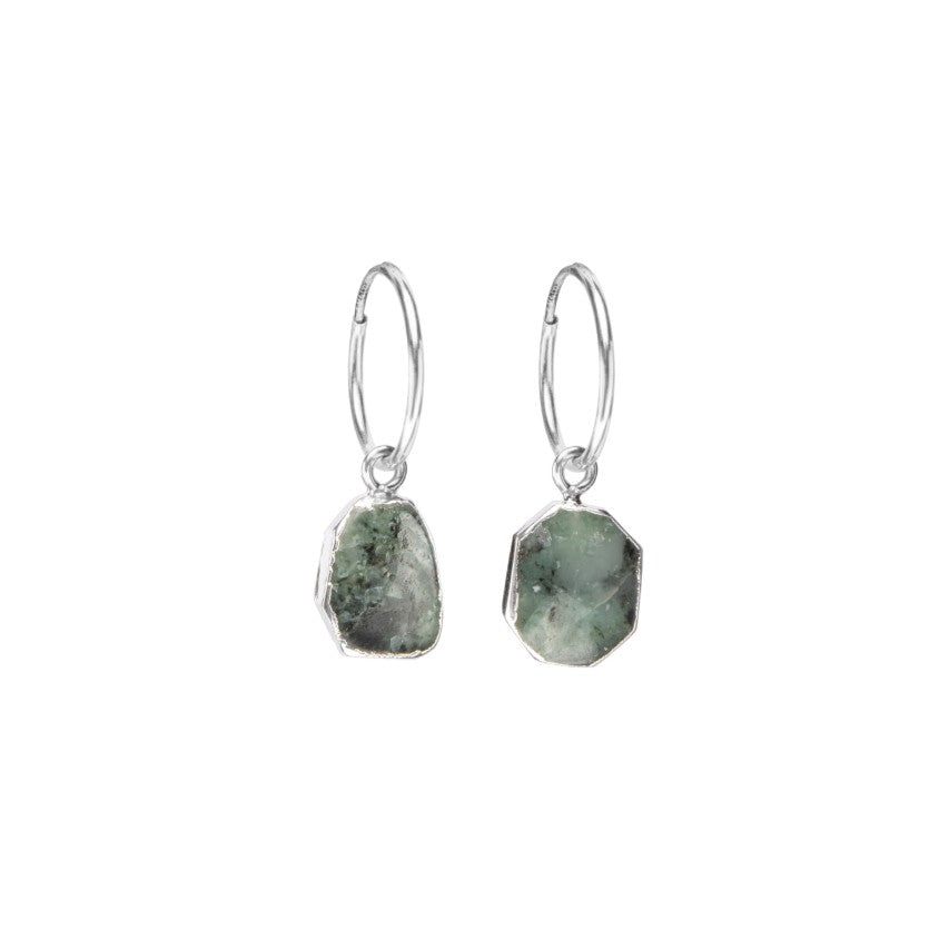 Gem Slice Hoop Earrings - Silver - Emerald - Decadorn