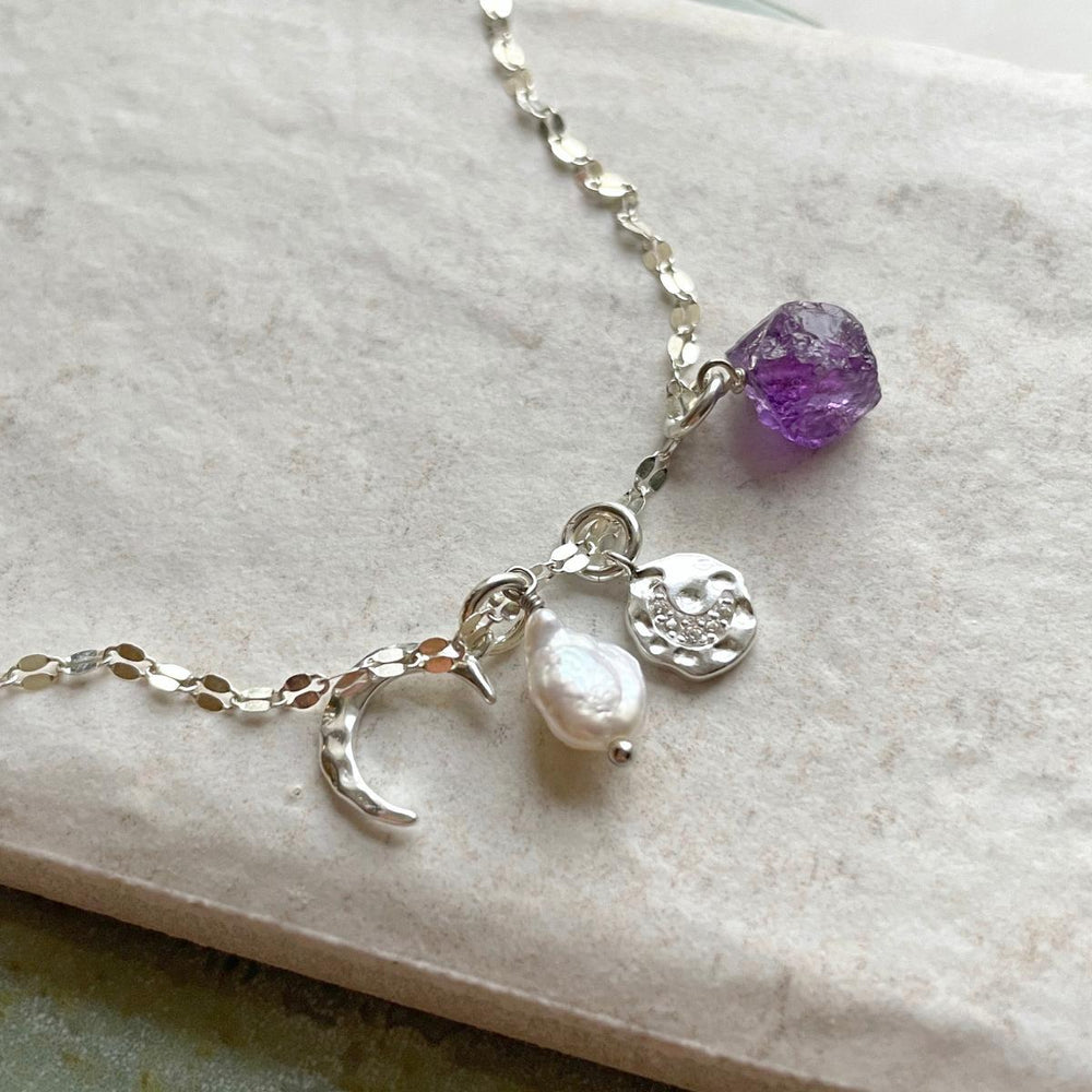 February Birthstone | Amethyst Moon Charm Necklace (Silver)