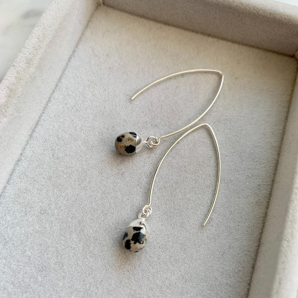 Tiny Tumbled Gemstone Dropper Earrings - Silver - Dalmatian - Decadorn