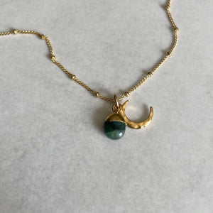 
            
                Load image into Gallery viewer, May Birthstone | Emerald &amp;amp; Moon Necklace (Gold Plated)
            
        