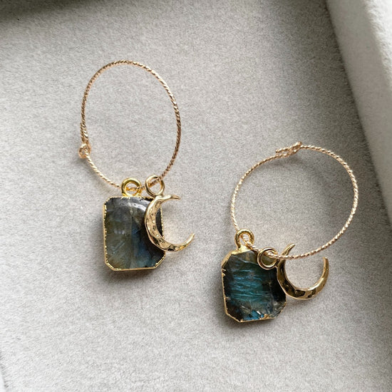 Load image into Gallery viewer, Labradorite &amp;amp; Moon Sparkle Rope Hoop Earrings | Adventure (Gold Plated)
