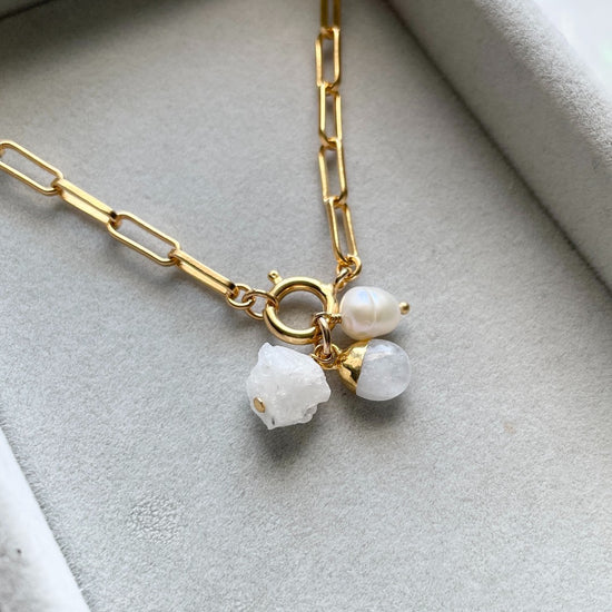 June Birthstone | Chunky Chain Triple Necklace | Moonstone & Pearl (Gold)
