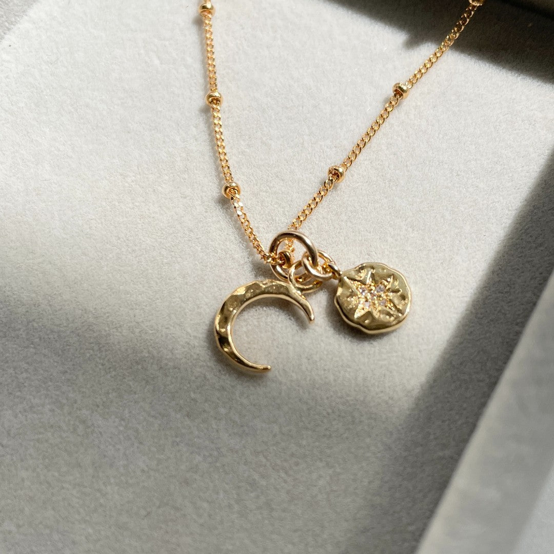 Load image into Gallery viewer, Crescent Moon &amp;amp; Coin Necklace (Gold Plated)
