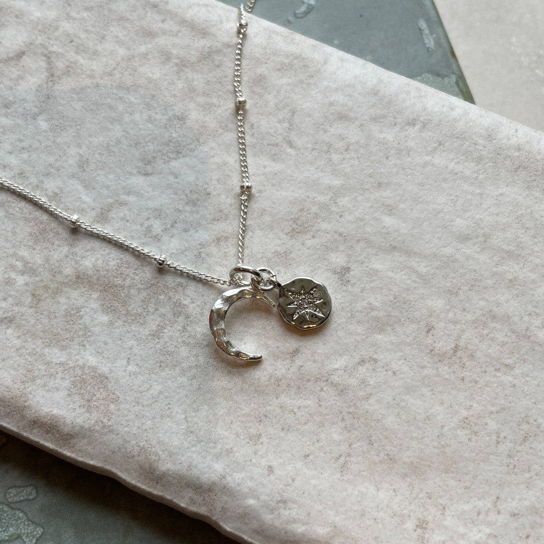 Crescent Moon & Coin Necklace (Sterling Silver)