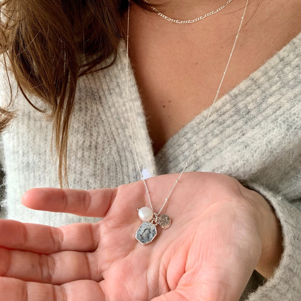 Dendritic Agate Gem Slice Triple Necklace | Hope (Silver)