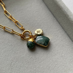 May Birthstone | Emerald Gem Slice Triple Chunky Chain Necklace (Gold)