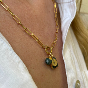 May Birthstone | Emerald Gem Slice Triple Chunky Chain Necklace (Gold)