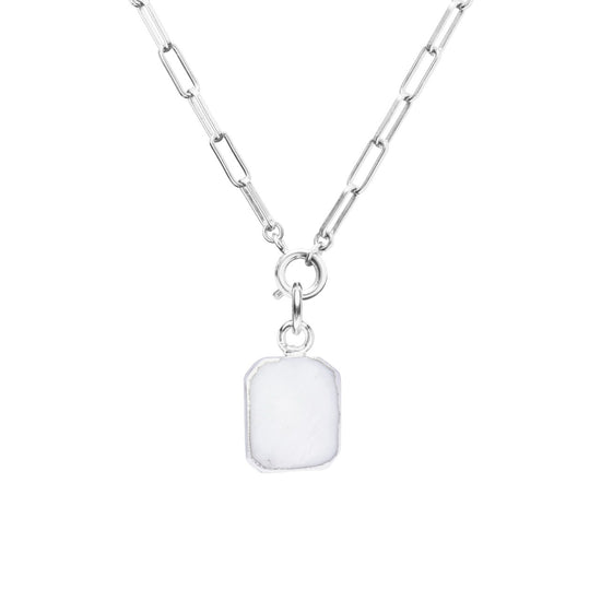Mother Of Pearl Gem Slice Chunky Chain Necklace | Calming (Silver)