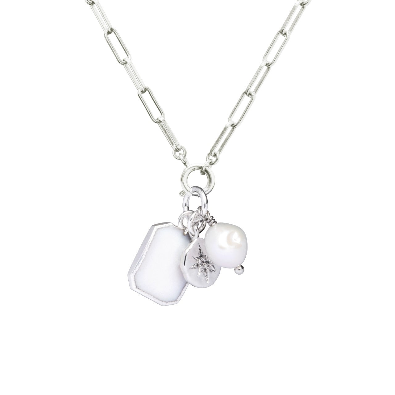 Mother of Pearl Gem Slice Triple Chunky Chain Necklace | Calming (Sterling Silver)