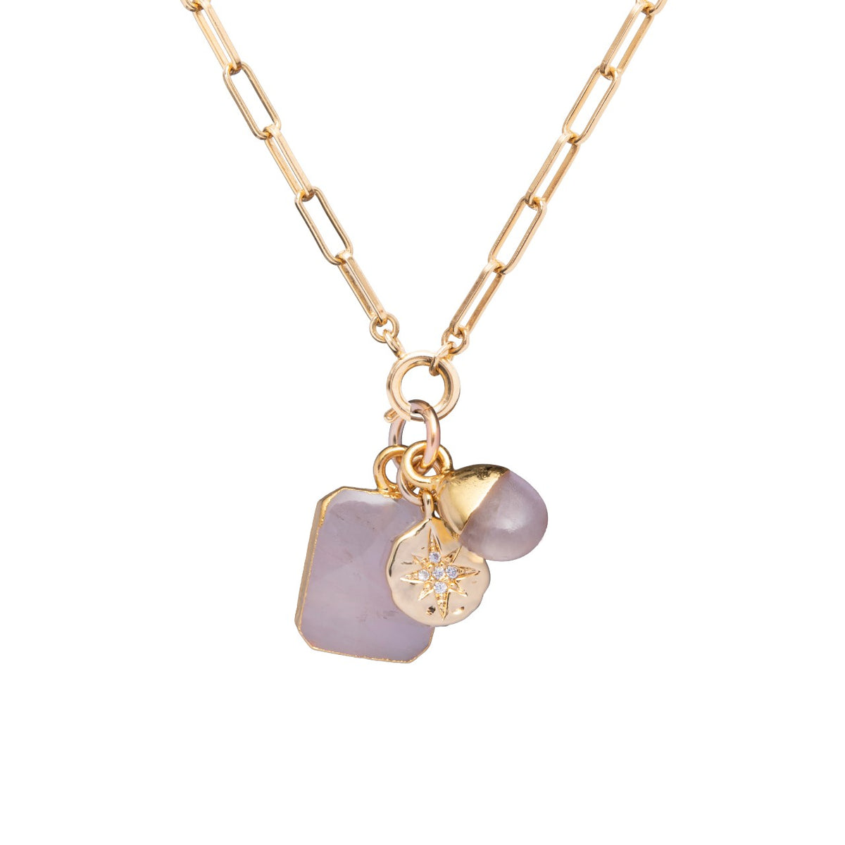 Quartz Gem Slice Triple Chunky Chain Necklace Love