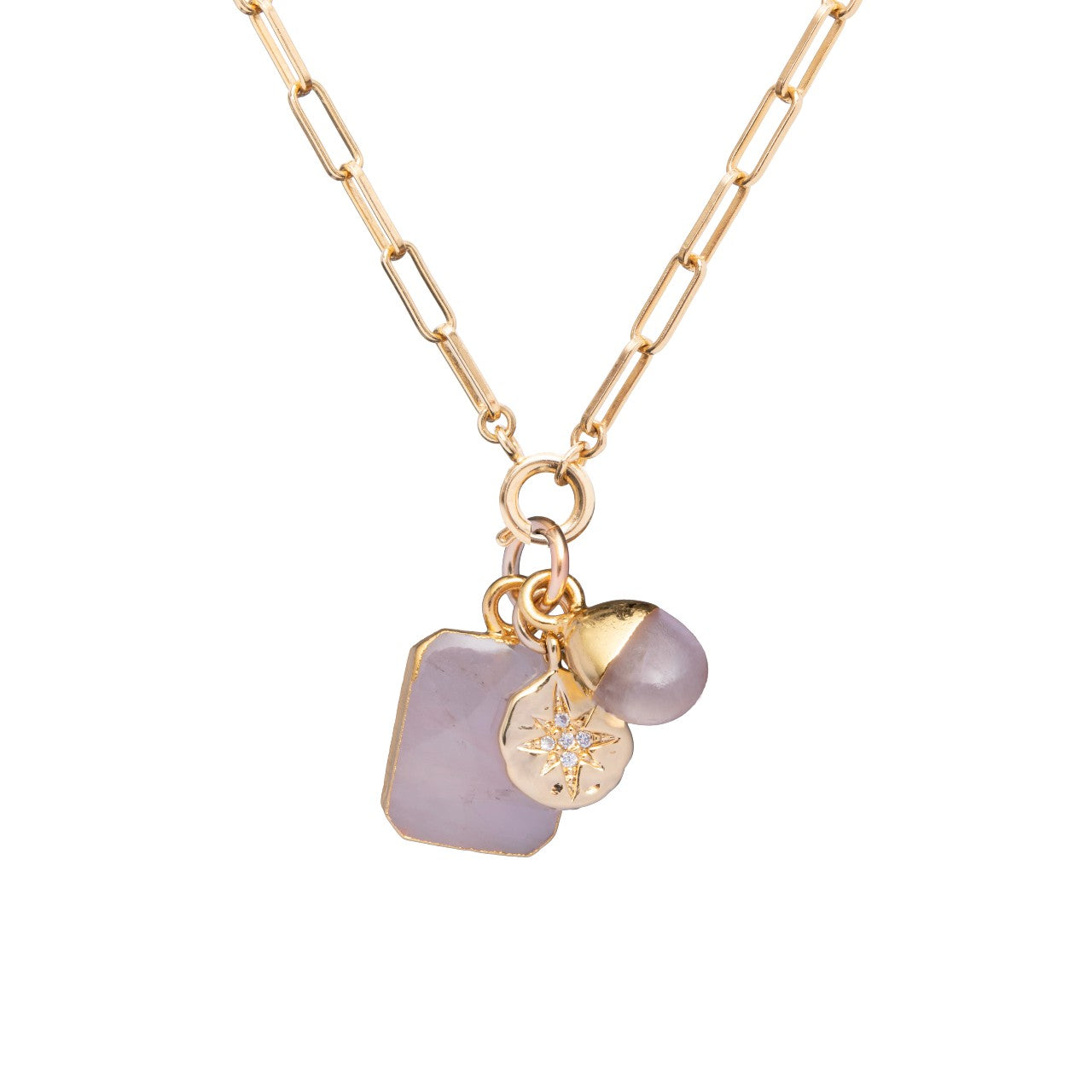 Rose Quartz Gem Slice Triple Chunky Chain Necklace | Love (Gold Plated)