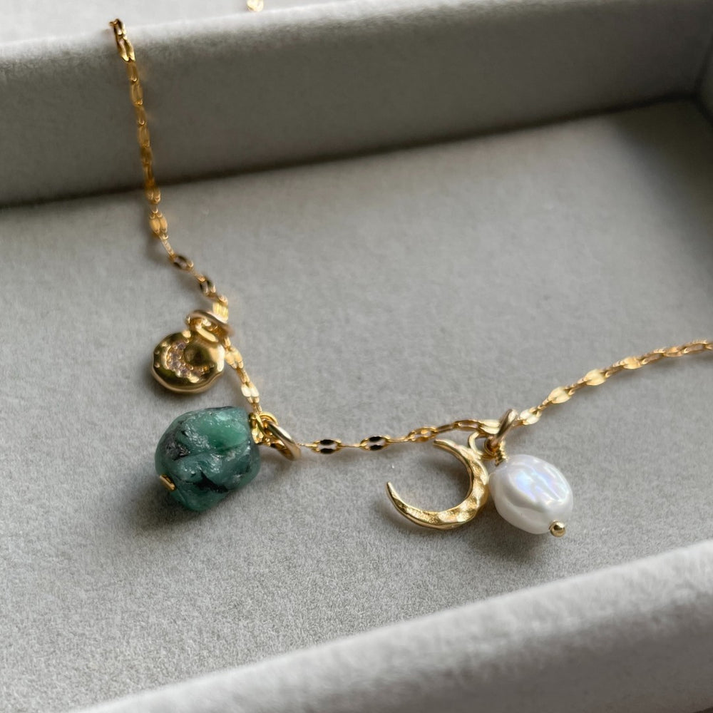 May Birthstone | Emerald Moon Charm Necklace (Gold Plated)