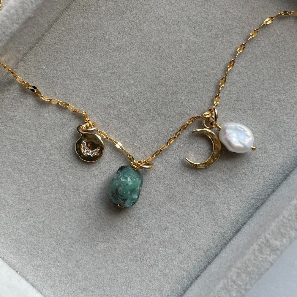 
            
                Load image into Gallery viewer, May Birthstone | Emerald Moon Charm Necklace (Gold Plated)
            
        