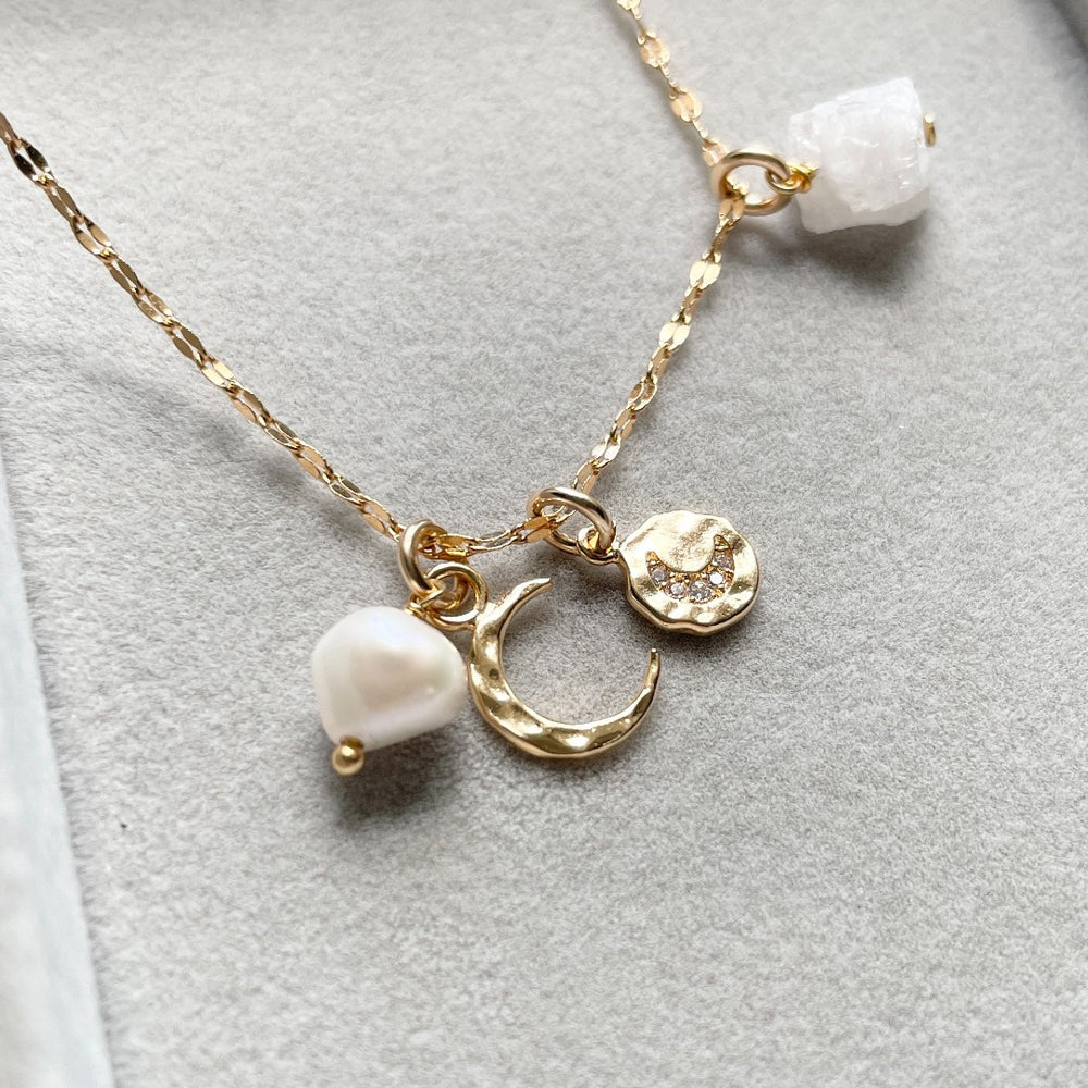 
            
                Load image into Gallery viewer, June Birthstone | Moonstone Moon Charm Necklace (Gold Plated)
            
        