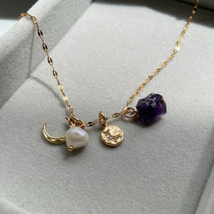 February Birthstone | Amethyst Moon Charm Necklace (Gold Plated)