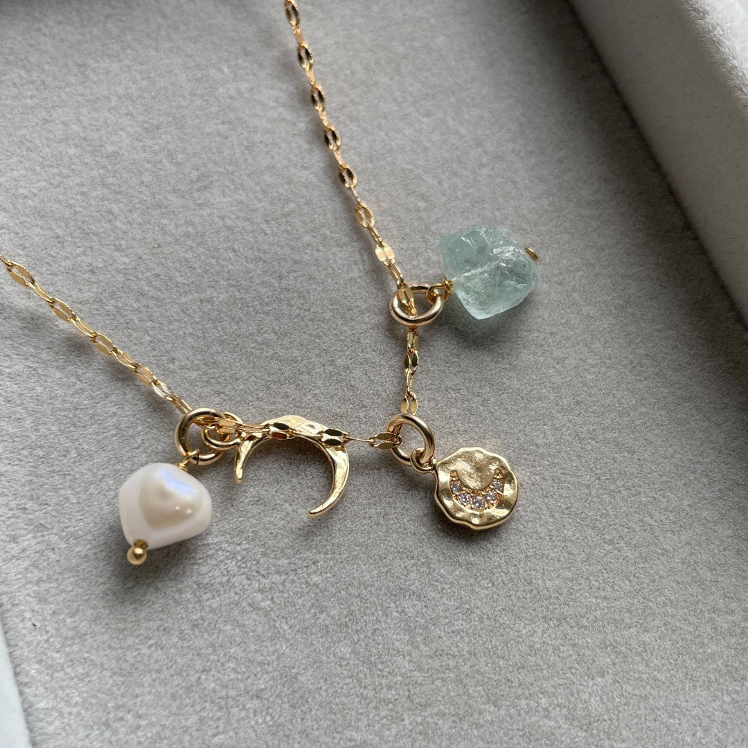 Aquamarine Moon Charm Necklace | Serenity (Gold Plated)