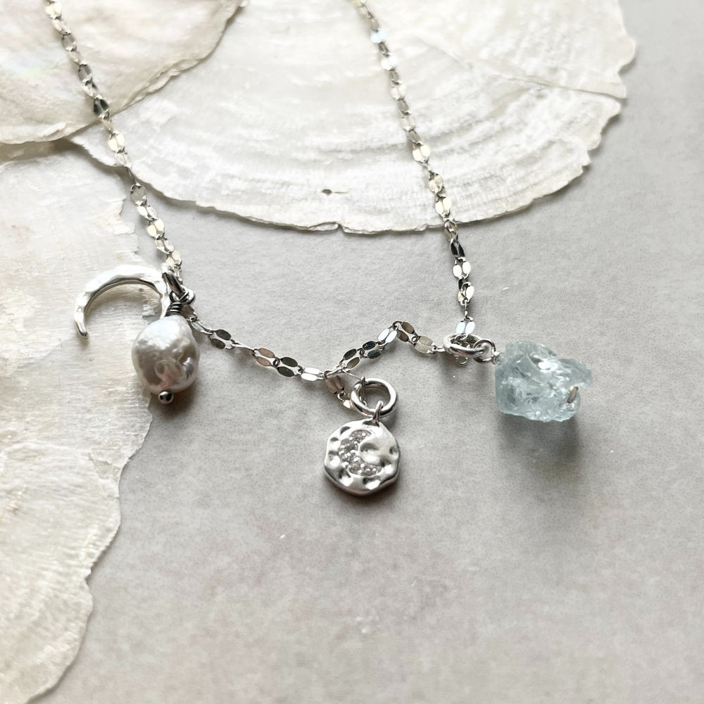 
            
                Load image into Gallery viewer, Aquamarine Moon Charm Necklace | Serenity (Silver)
            
        