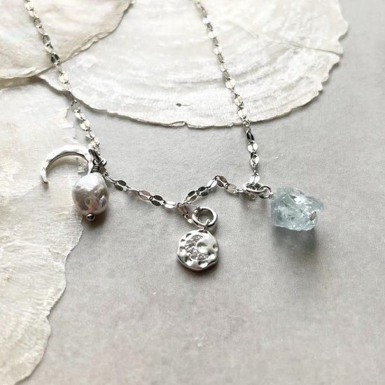 Aquamarine Moon Charm Necklace | Serenity (Sterling Silver)